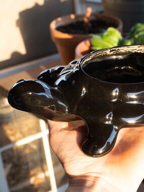 Vintage 8" Glossy Ceramic Black Turtle Planter Plant Pottery Plants Gardening